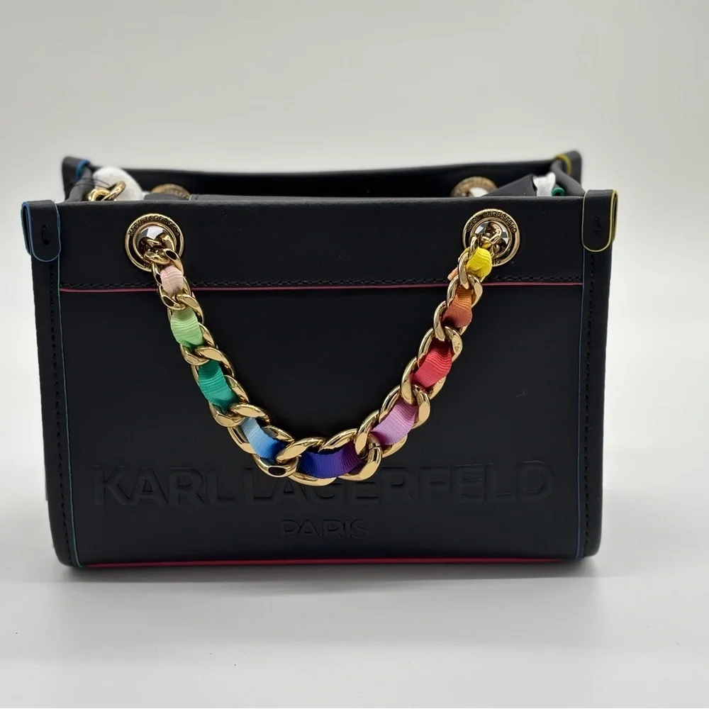 Karl Lagerfeld Black and Pink Leather Crossbody Bag with Multicolor Chain